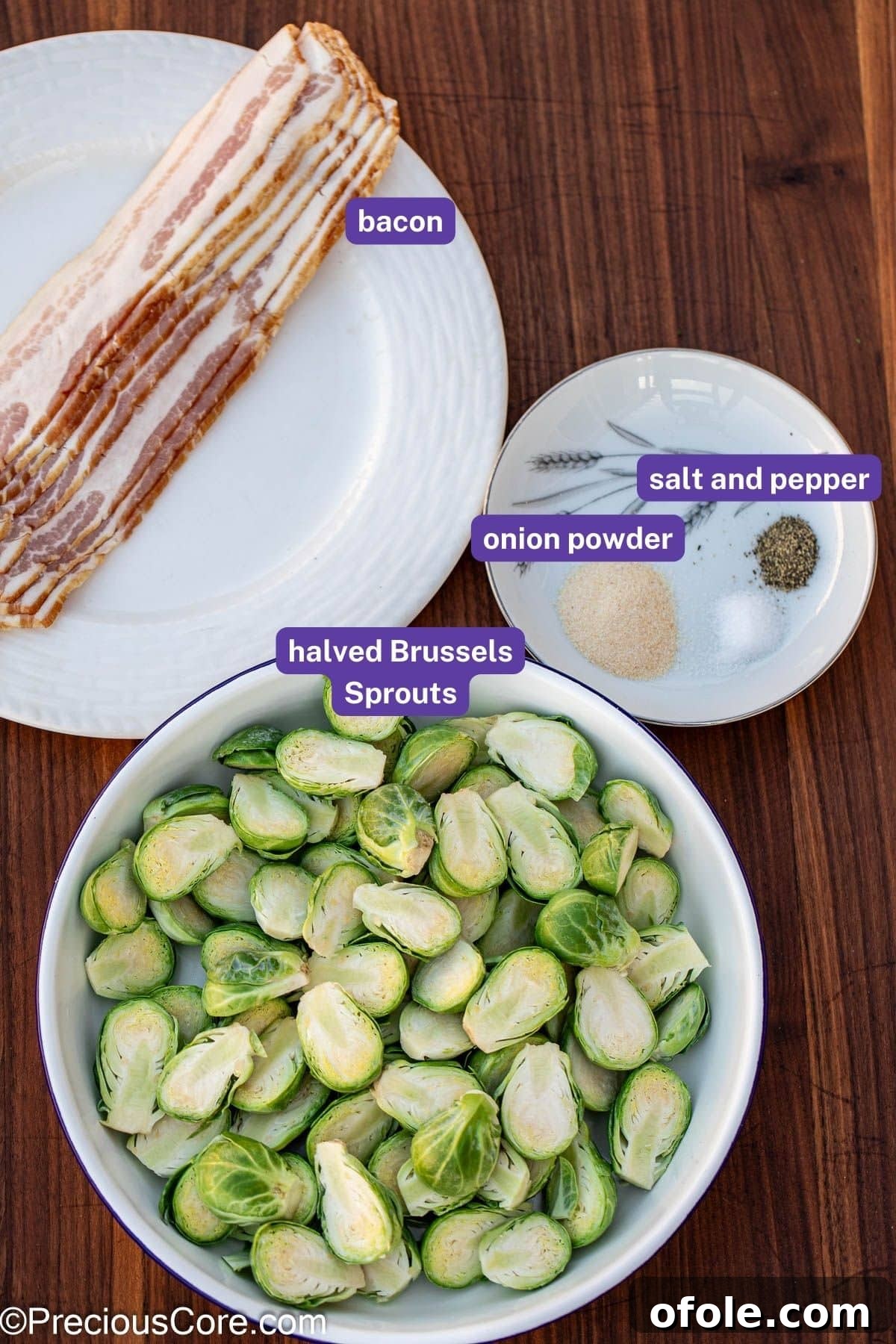 Ingredients for pan-fried Brussels sprouts with bacon laid out with clear labels.