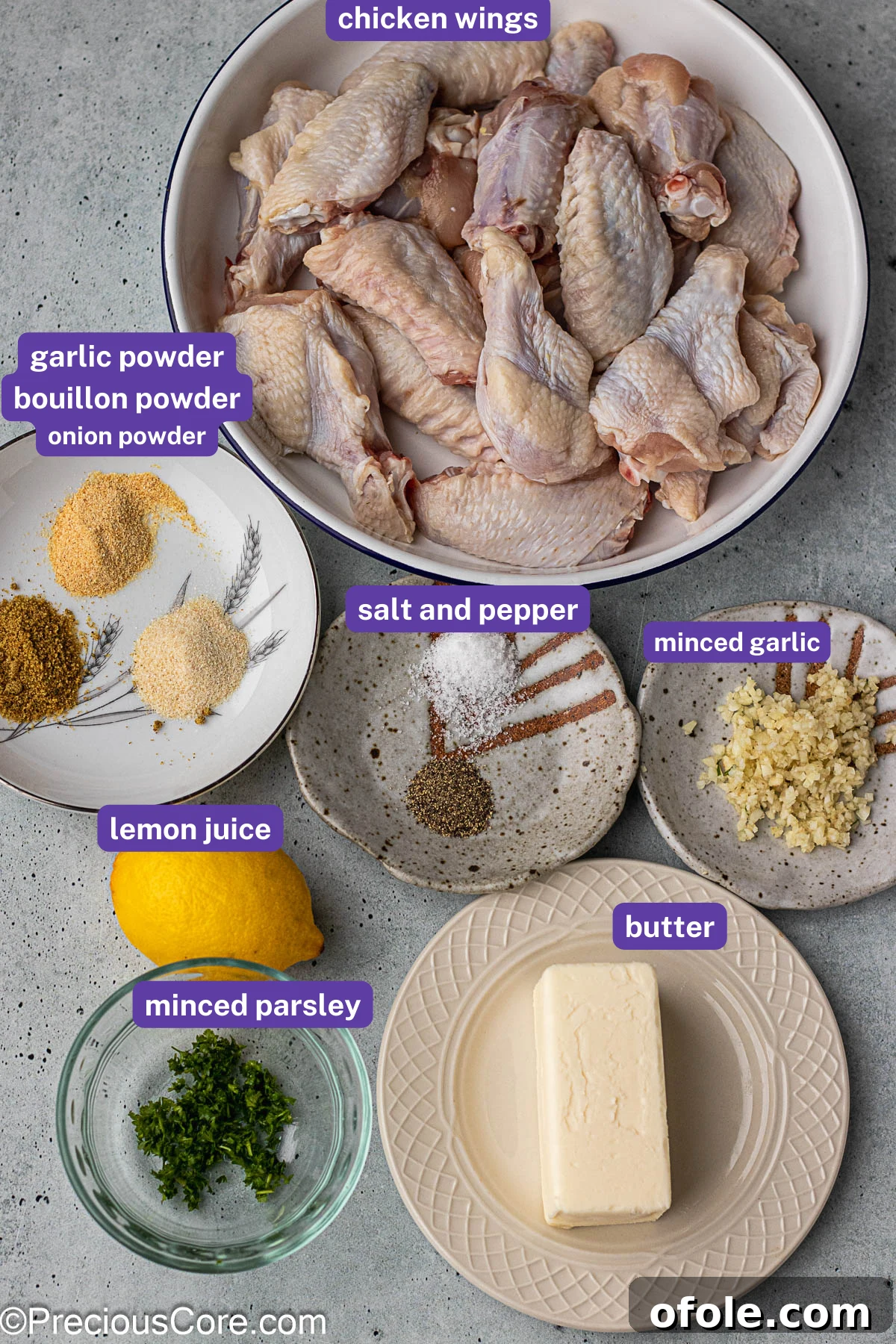 Garlic Gold Wings 4 A beautifully arranged selection of fresh ingredients for garlic butter chicken wings, clearly labeled.