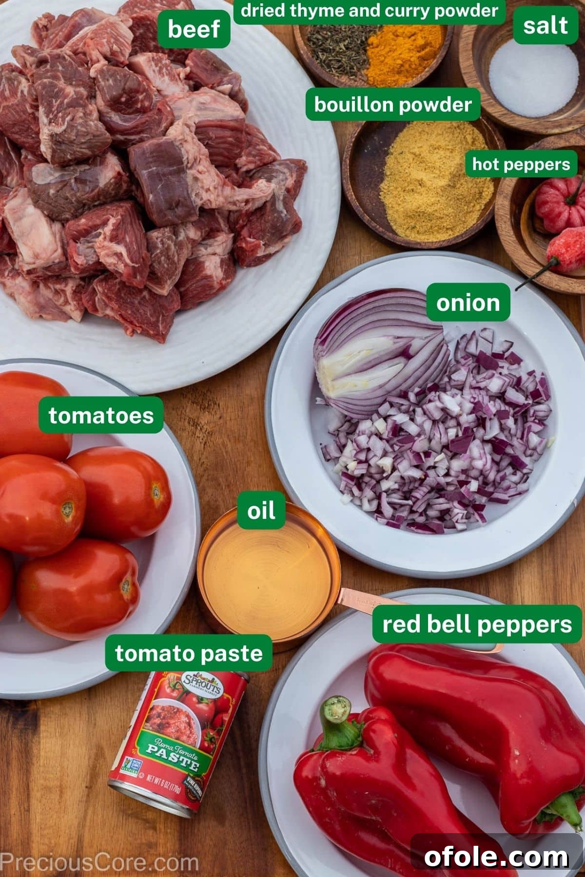 Soulful Nigerian Beef Stew 3 Labeled ingredients for Nigerian Beef Stew, including beef, bell peppers, tomatoes, and spices.