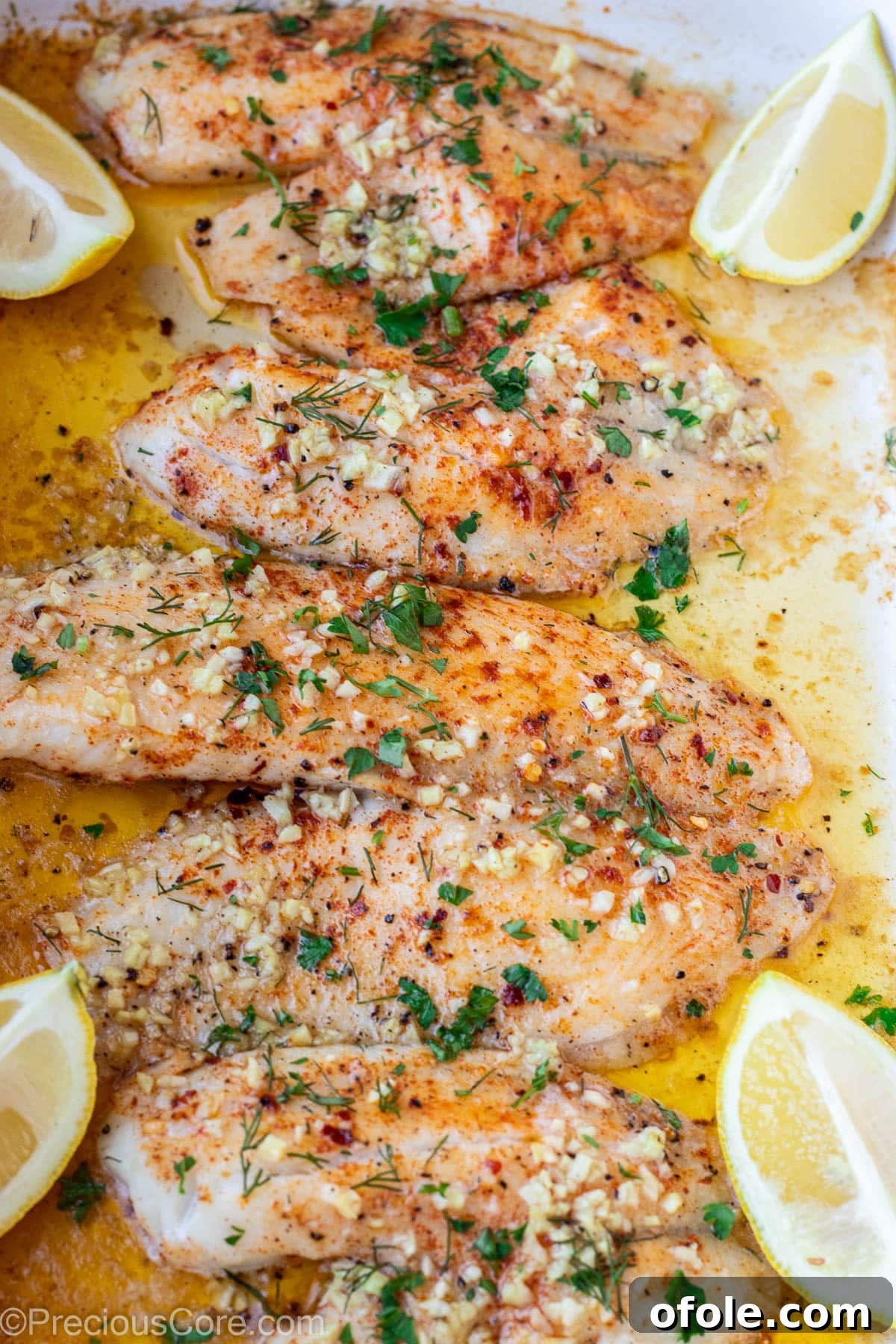 Garlic Butter Infused Tilapia 2 Four baked tilapia fillets glistening with garlic butter in a pan, ready to serve.