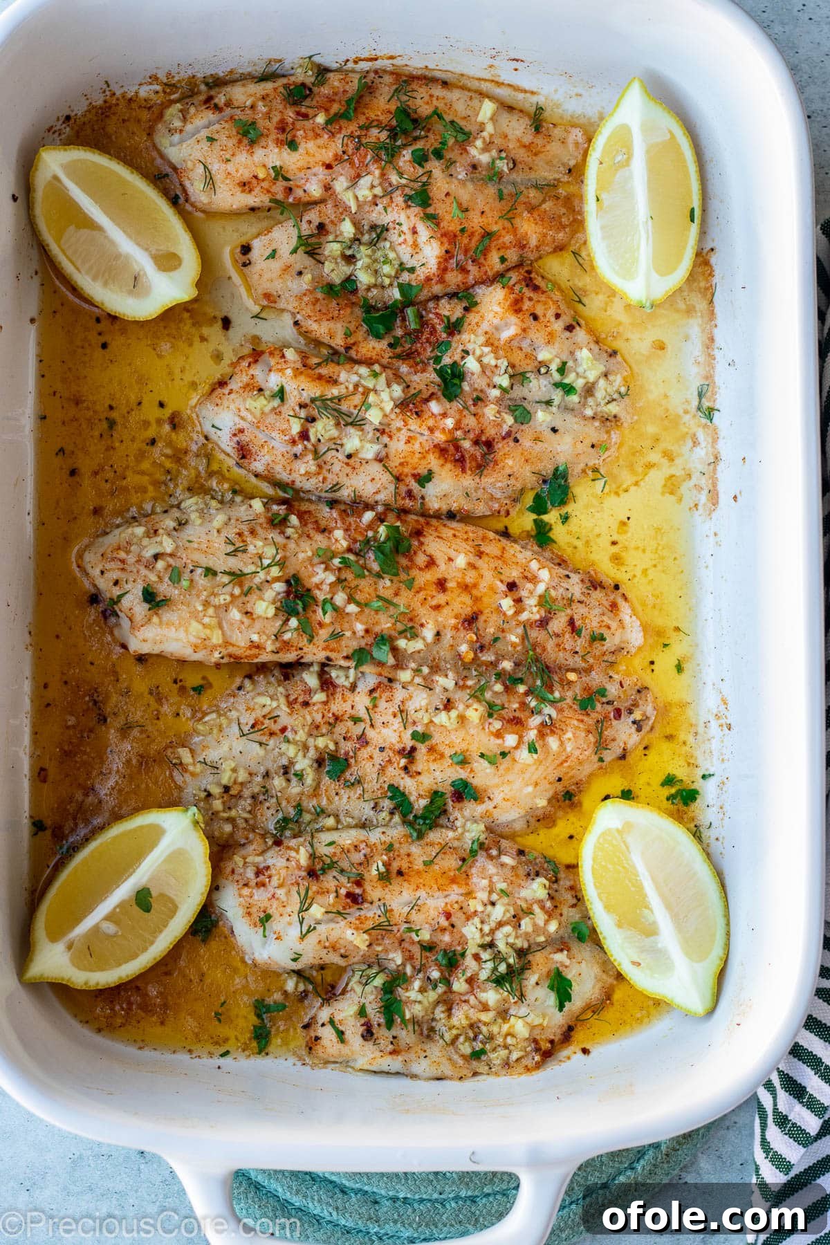Garlic Butter Infused Tilapia 8 Golden-brown, baked tilapia fillets nestled in a baking dish, freshly out of the oven.