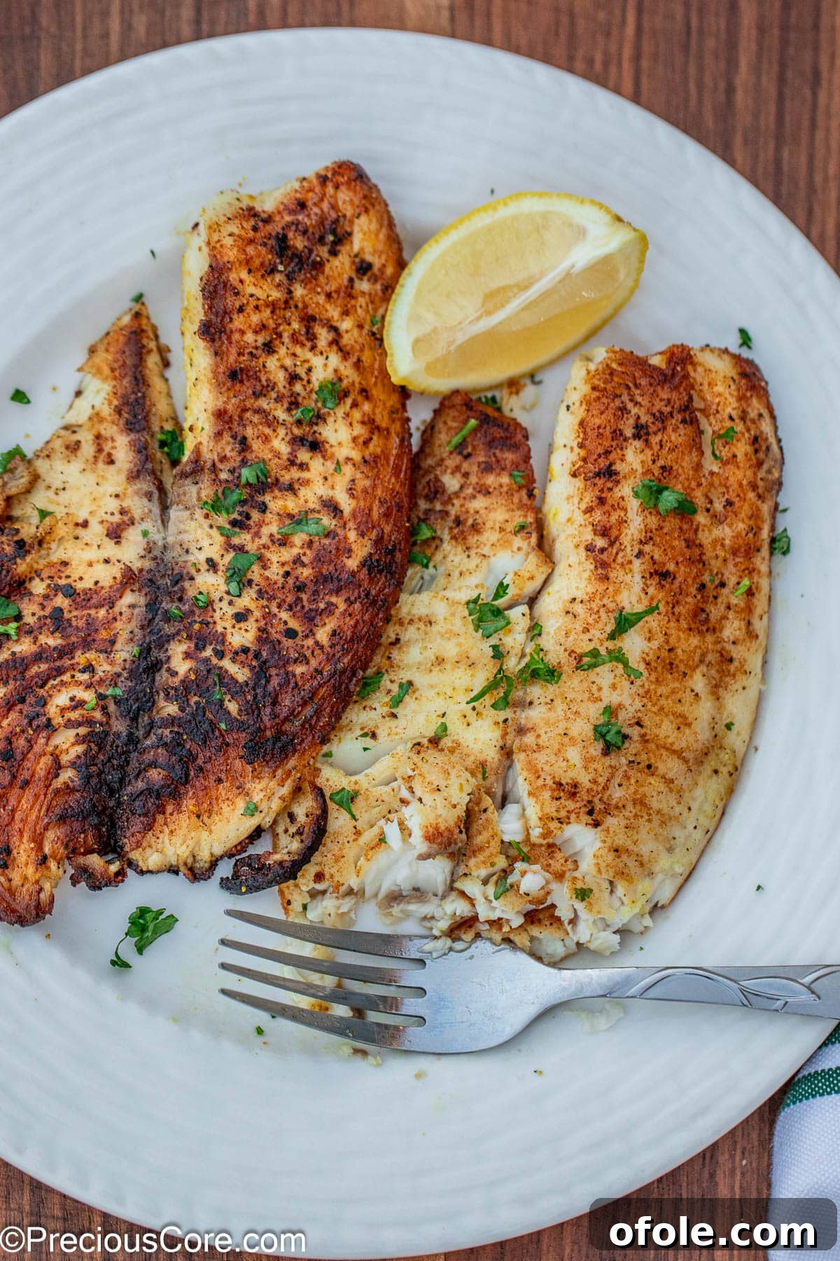 Two golden-brown lemon pepper tilapia fillets artfully arranged on a clean white plate.