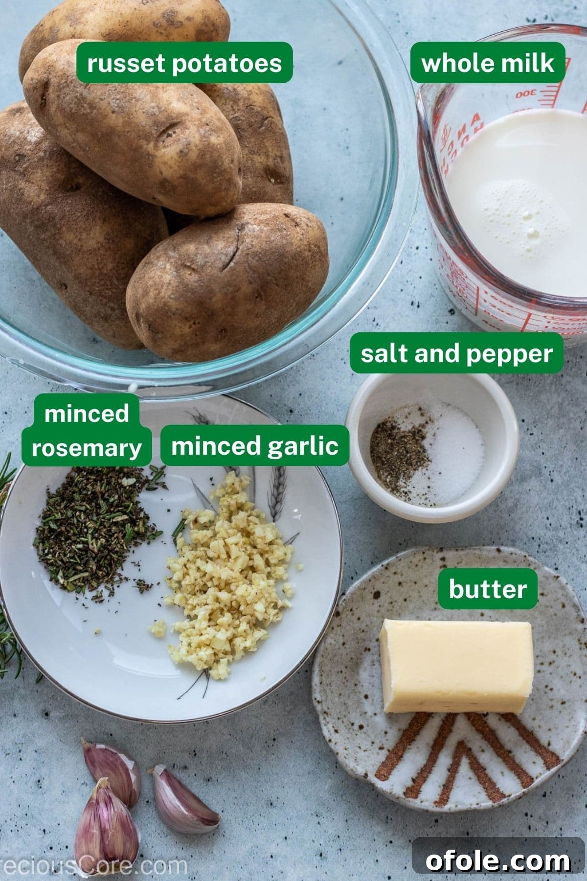 Aromatic Rosemary Garlic Mash 4 Potatoes, milk, minced garlic and rosemary. salt and pepper, and butter.
