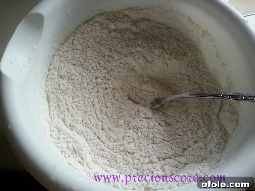 Dry ingredients (flour, sugar, baking powder, salt) perfectly mixed together in a large mixing bowl.