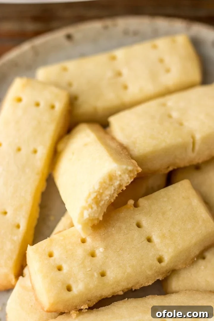 Perfect Buttery Shortbread From Scratch 4 A shortbread cookie with a bite taken out, revealing its wonderfully crumbly and tender texture, confirming its homemade quality.
