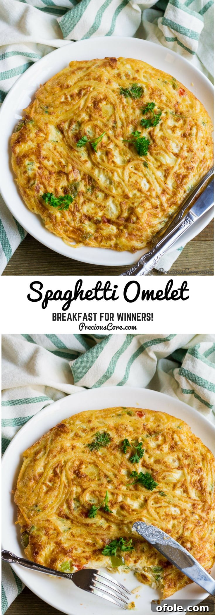 Golden Spaghetti Frittata 5 Collage with text "Spaghetti Omelet Breakfast for Winners!" featuring a delicious spaghetti omelette