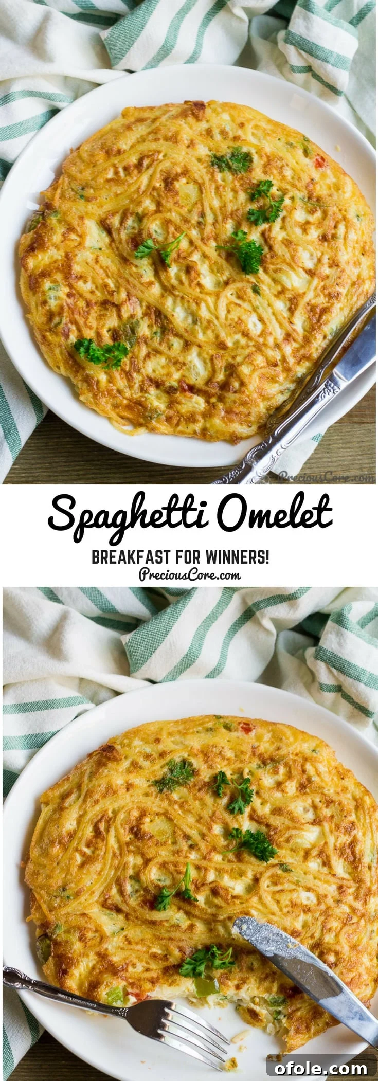 Collage featuring a mouthwatering Spaghetti Omelette with text "Spaghetti Omelet: A Delicious Breakfast for Winners!"