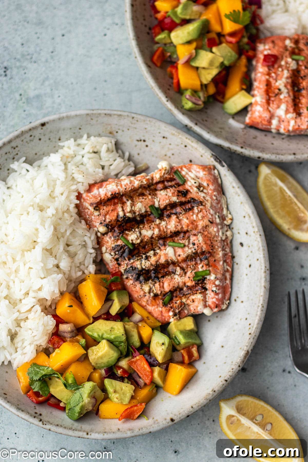Grilled sockeye salmon in a bowl with garlic herb rice and Mango Avocado Salsa.