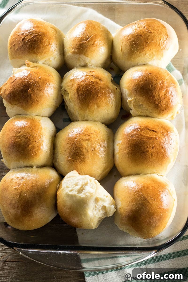 Baking dish of golden-brown, fluffy sweet dinner rolls, fresh from the oven.