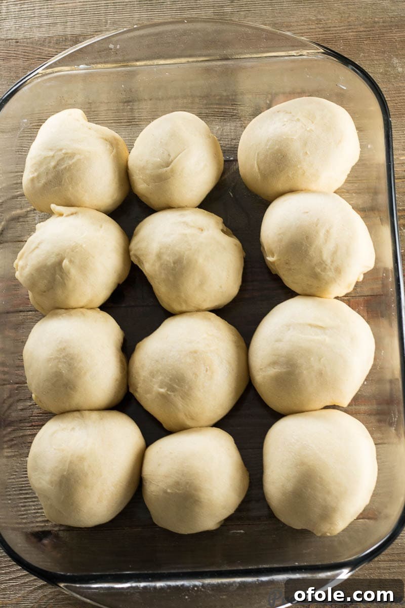 Sweet dinner rolls in a baking pan, visibly risen and ready for the oven, with a golden hue.