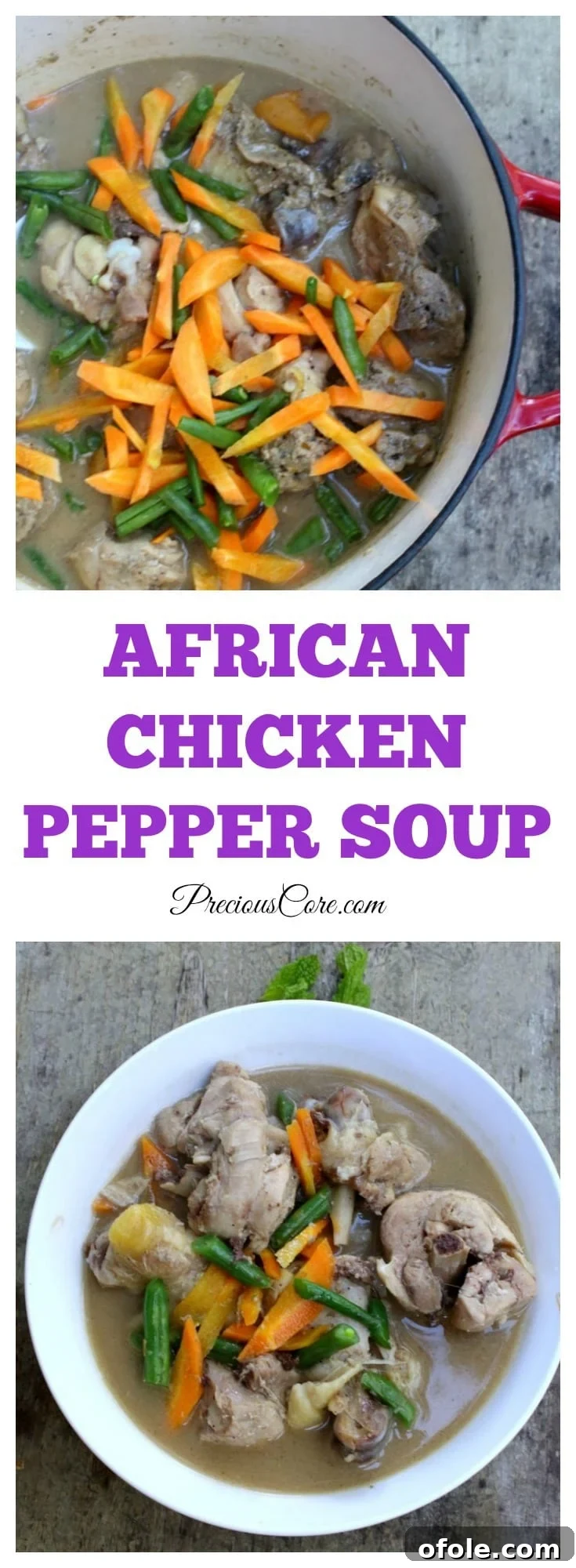 A final close-up shot of African chicken pepper soup in a bowl, garnished and ready to eat.