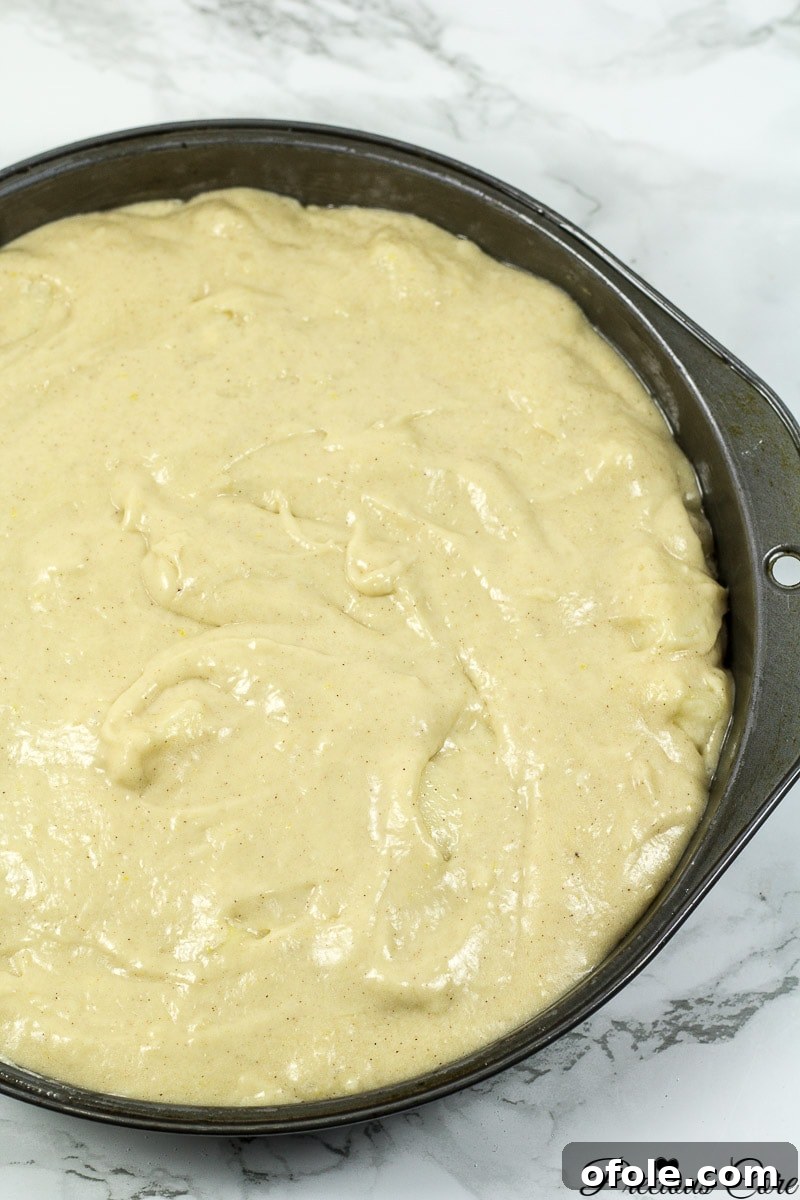 Timeless Fresh Apple Cake 12 Smoothly leveled cake batter in a greased baking pan, ready for the oven.