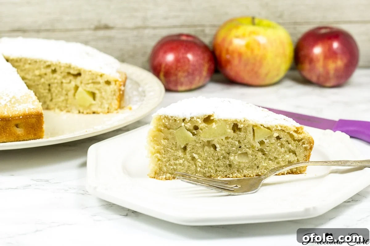 Timeless Fresh Apple Cake 3 A panoramic view of a freshly baked apple cake, showcasing its golden crust and inviting texture.