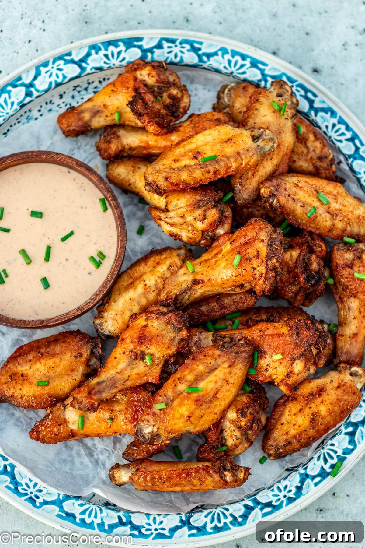 Crispy Golden Spiced Wings 2 Baked Dry Rub Chicken Wings served with ranch dipping sauce.