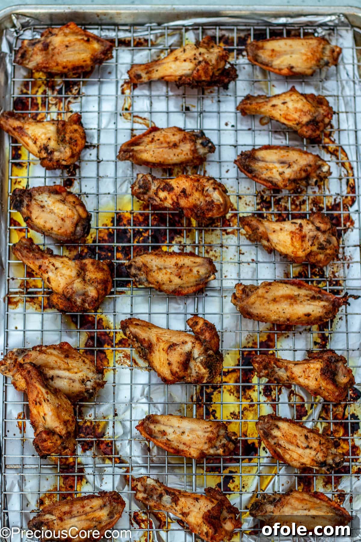 Crispy Golden Spiced Wings 7 Perfectly baked dry rub chicken wings cooling on an oven-safe rack after being removed from the oven.