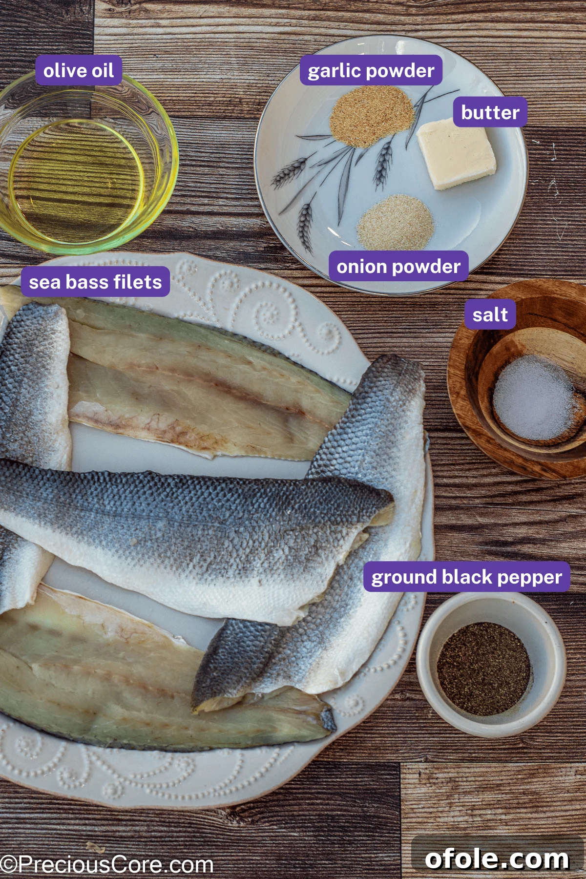 Ingredients for Pan Seared Sea Bass with labels, including fish fillets, olive oil, and spices.