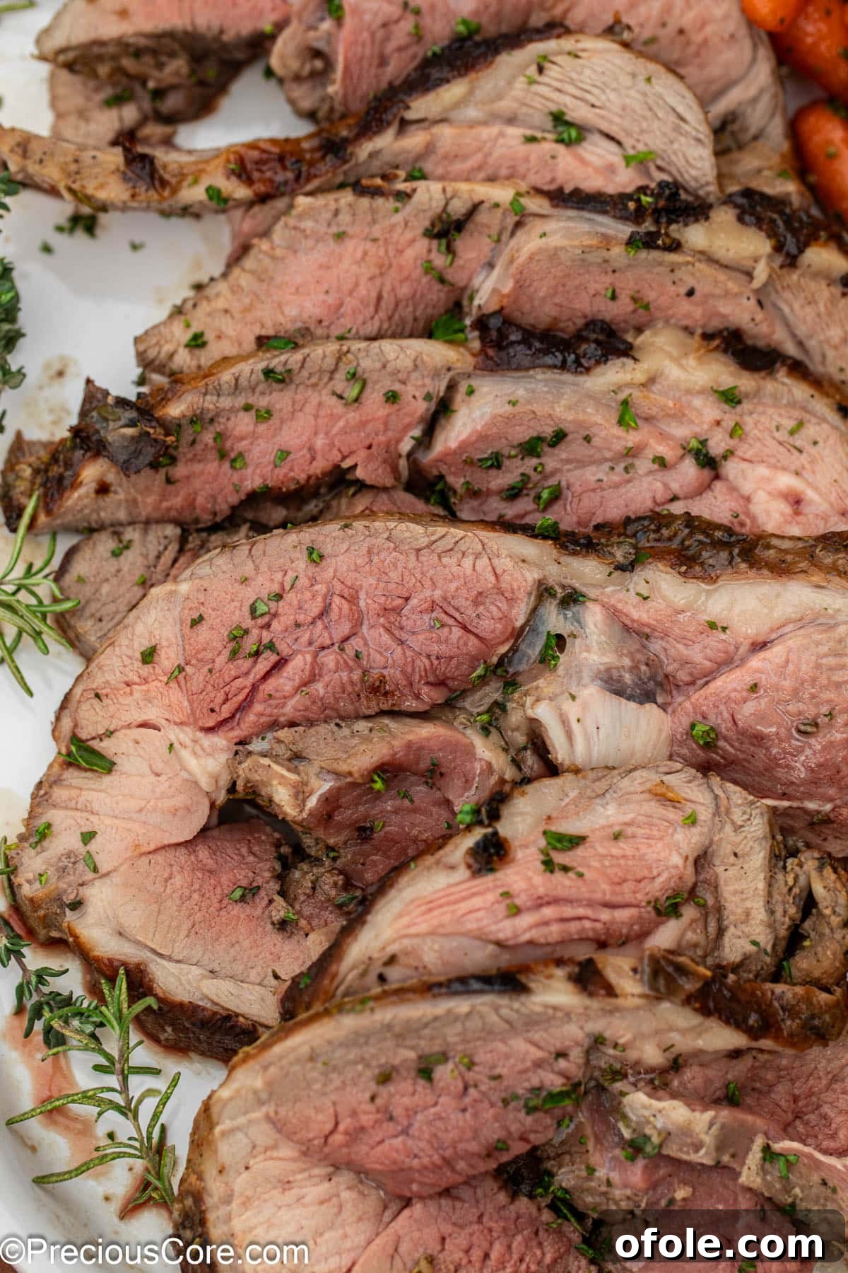 Close up view of perfectly roasted and seasoned lamb slices.