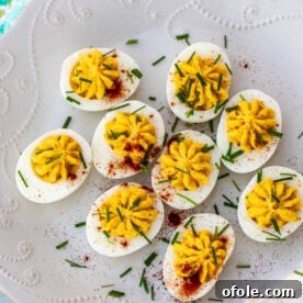Platter of decorated deviled eggs.