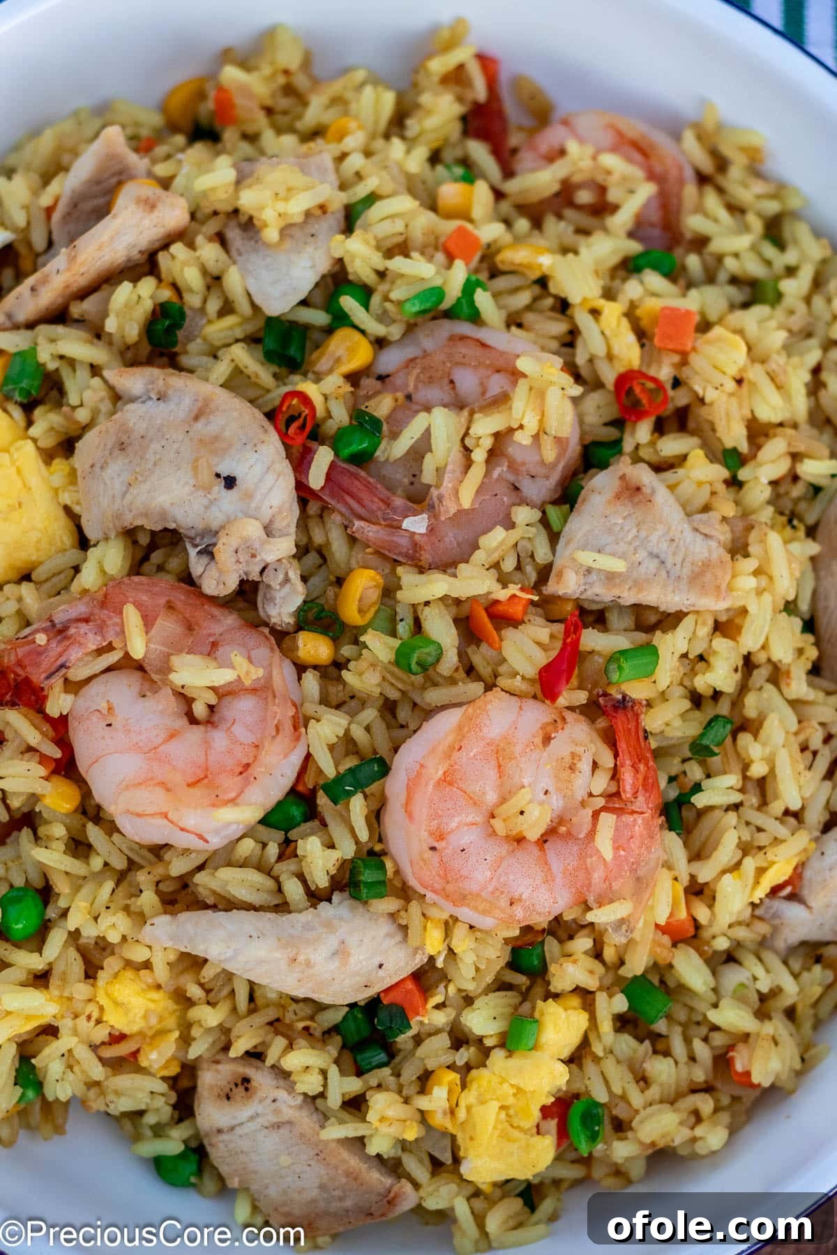 Signature Surf & Turf Fried Rice 2 Shrimp and chicken fried rice in a white dish, garnished with green onions.