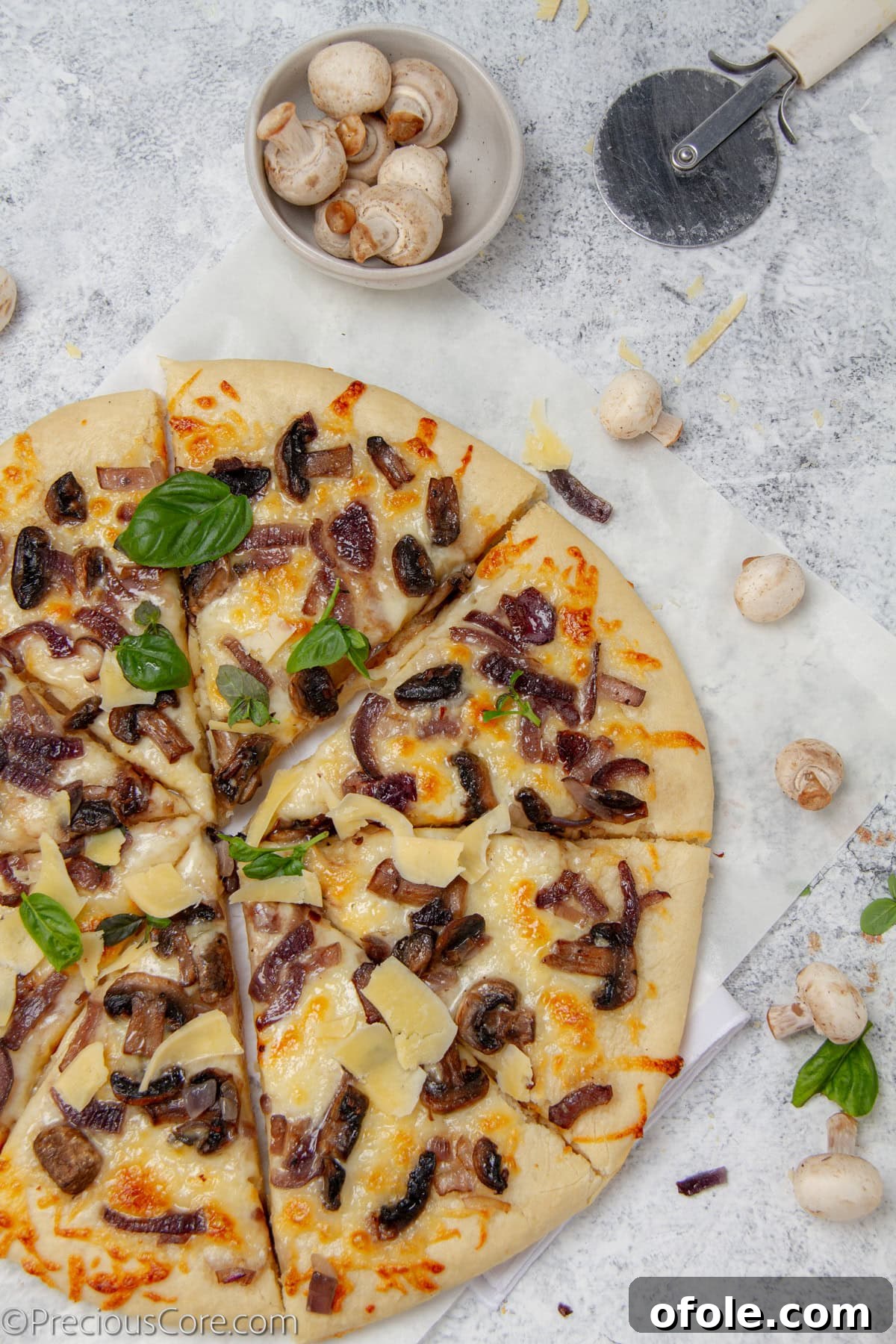 Homemade Mushroom Pizza Perfection 15 A golden-brown baked mushroom pizza, fresh out of the oven, with melted cheese and crispy crust.