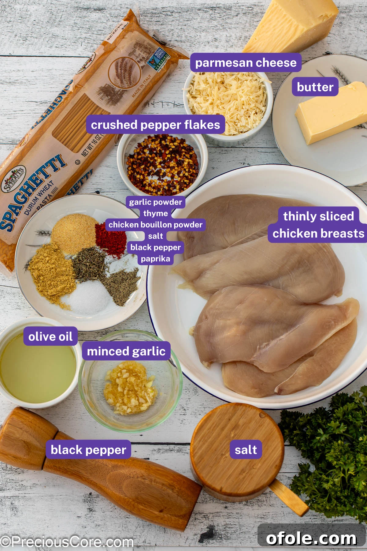 An overhead shot of various ingredients laid out for garlic butter chicken pasta, including pasta, chicken, garlic, butter, and seasonings.