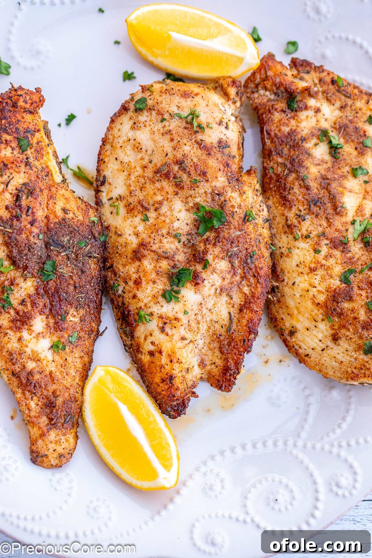 Silenced Poultry Filets 2 Thin sliced chicken breasts served with lemon wedges.