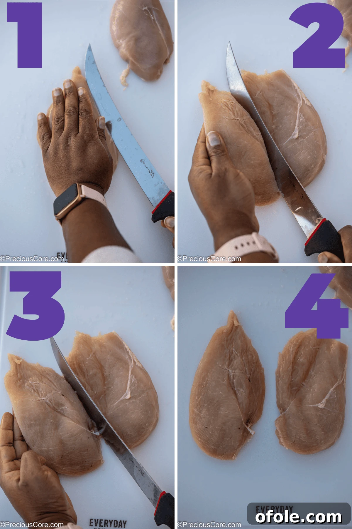 Silenced Poultry Filets 5 Cutting a chicken breast into thin sliced chicken breasts.