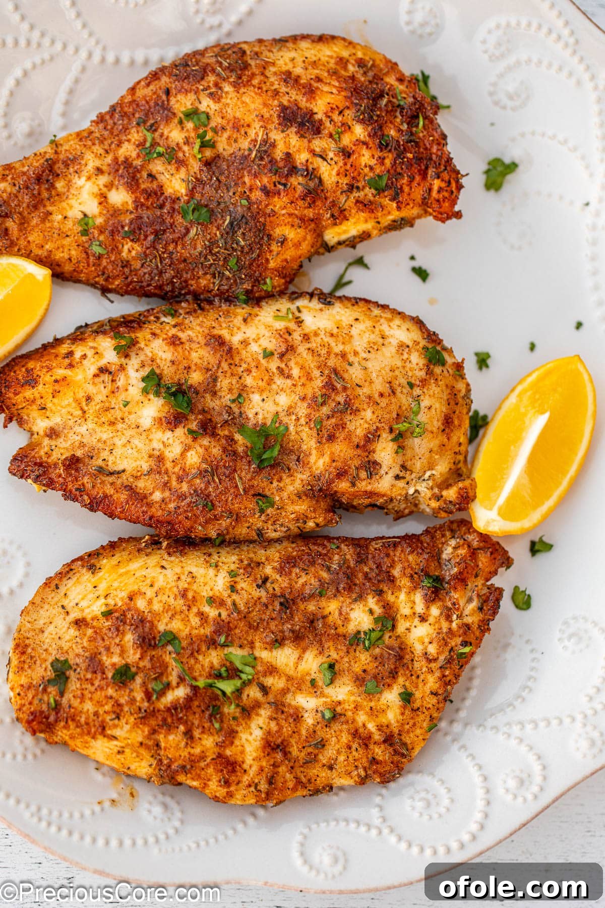Silenced Poultry Filets 6 Chicken breasts garnished with parsley.