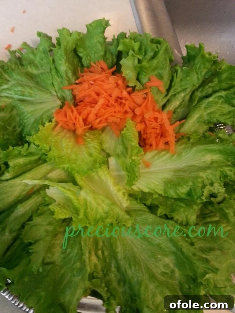 Vibrant Cameroon Salad with Authentic Dressing 11 Shredded carrots being added to the lettuce.