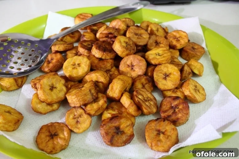 Ultimate Poulet DG Recipe 12 Fried plantains on a paper towel.