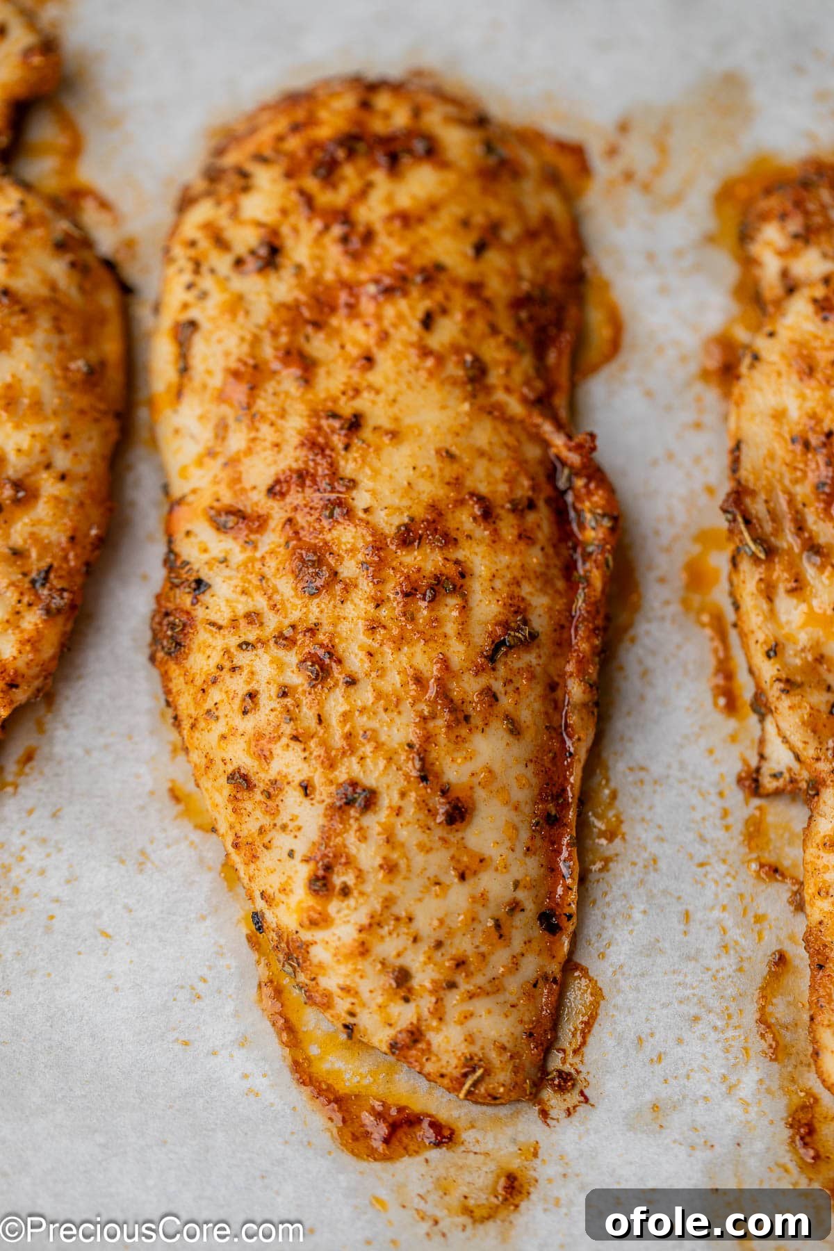 Close-up of perfectly cooked, juicy baked chicken breast on a serving platter.