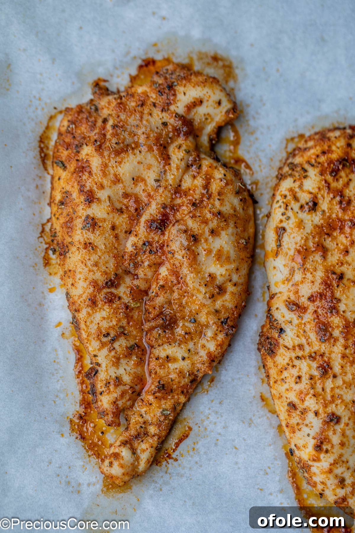 Close-up of a beautifully cooked thin chicken breast, showcasing its juicy texture and rich color.