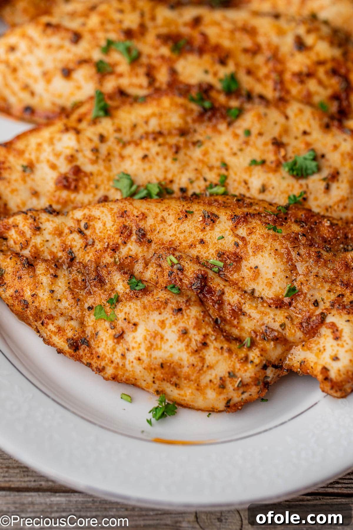 Close-up shot of a single baked thin chicken breast, highlighting its tender interior.