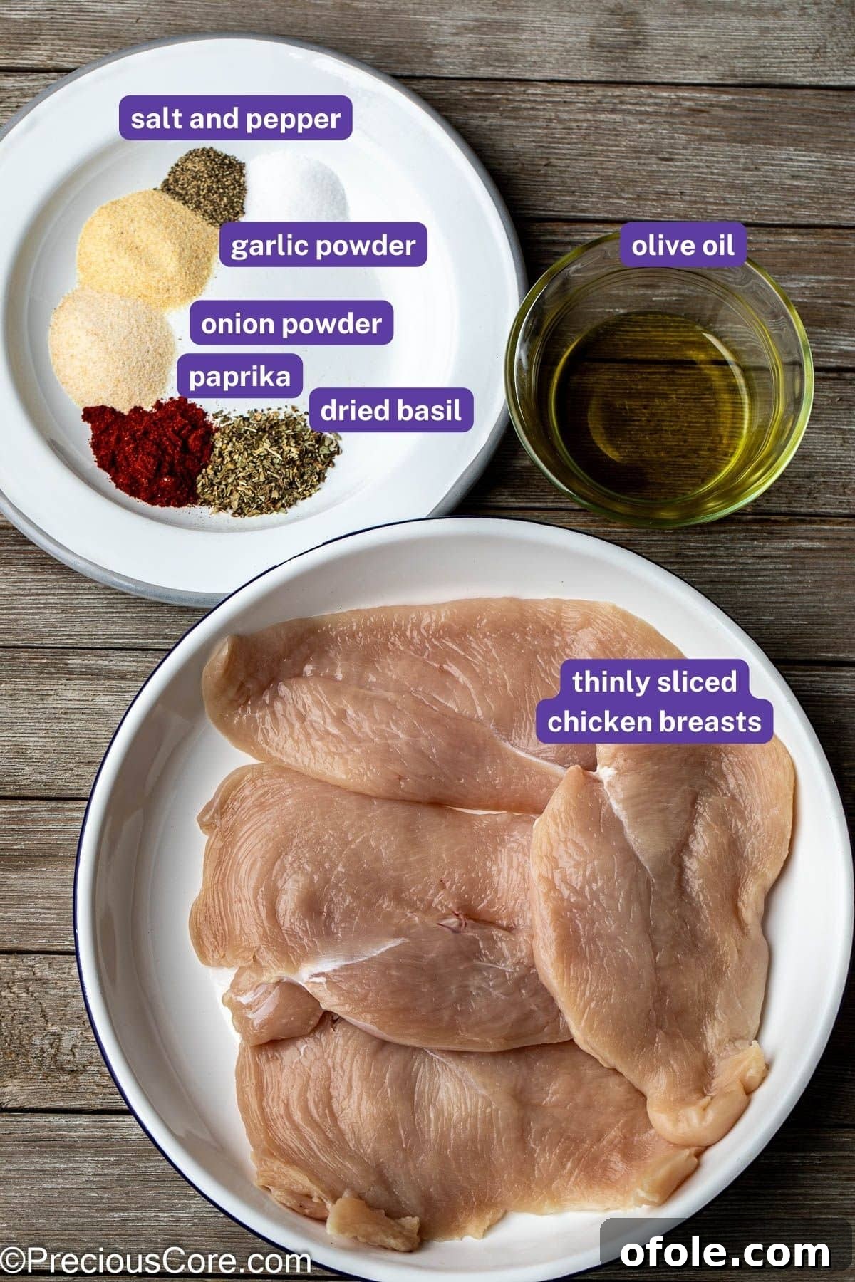 All the necessary ingredients for baked thin chicken breasts, clearly labeled and arranged.