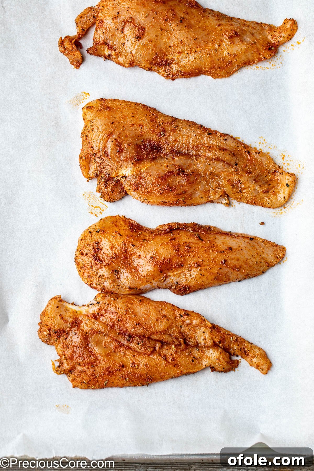 Seasoned thinly sliced chicken breasts laid out on parchment paper on a baking sheet.