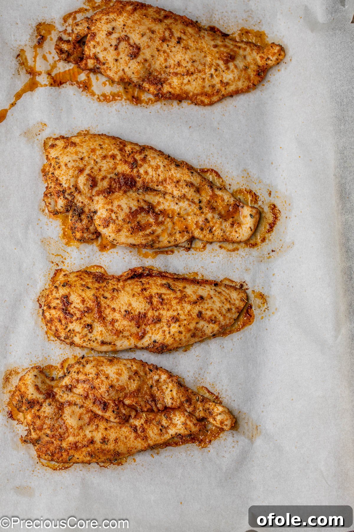 Four slices of golden-brown baked chicken breasts on a baking sheet, fresh out of the oven.