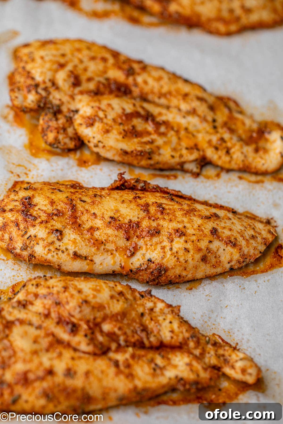 Baked thin sliced chicken breasts cooling on parchment paper on a baking sheet, showing a batch.