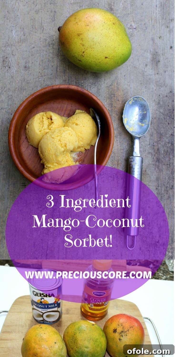 Scooped Mango Coconut Sorbet in a bowl with a spoon