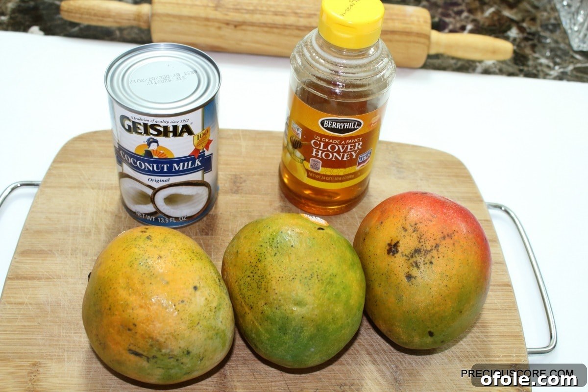Close-up of a can of coconut milk, mangoes, and a jar of honey