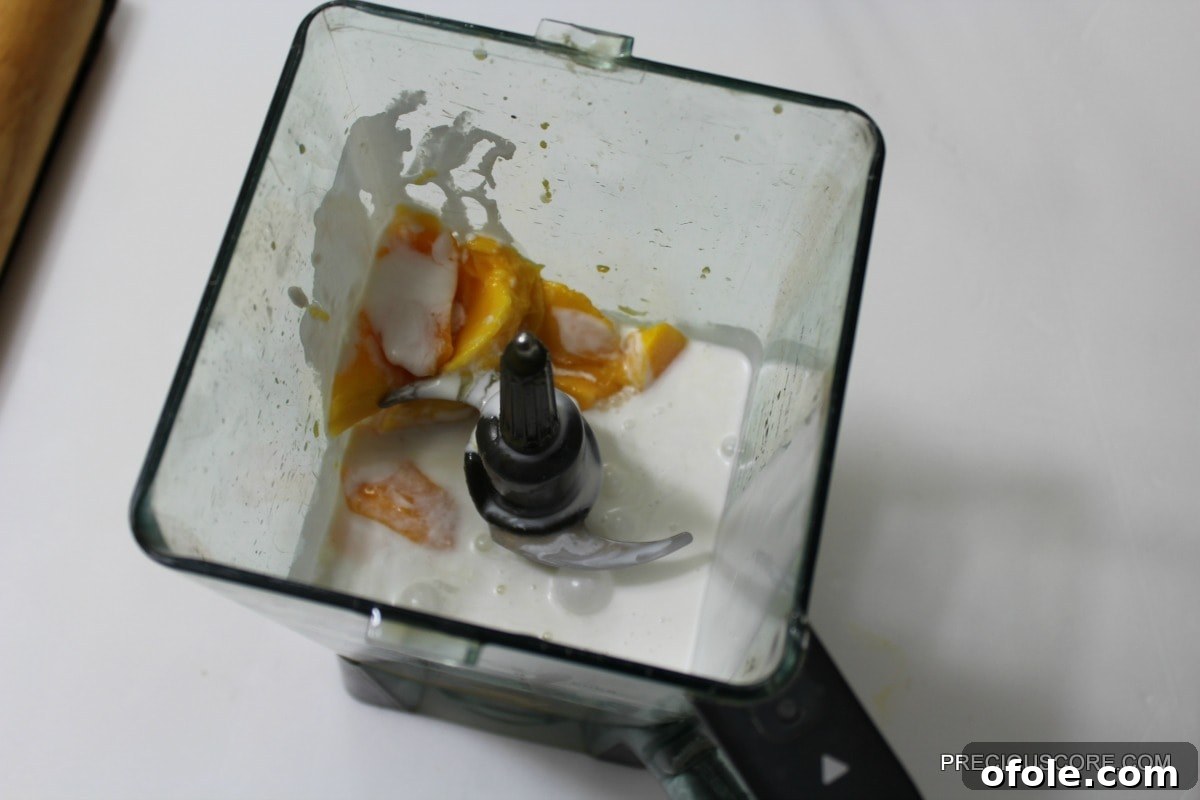 Mangoes, coconut milk, and honey in a blender
