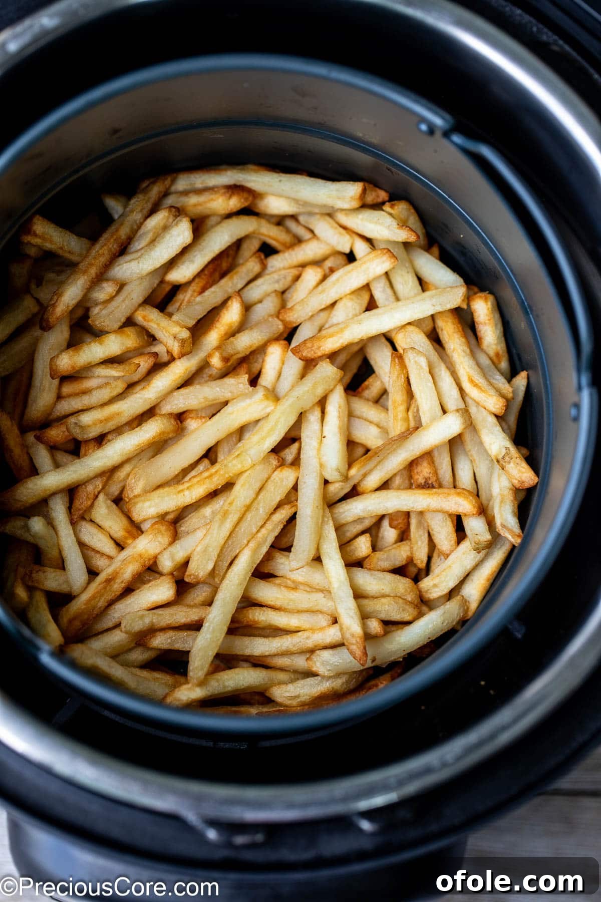 Effortless Crispy Fries in Your Air Fryer 2 Air fried fries in round air fryer basket, perfectly golden and crispy.