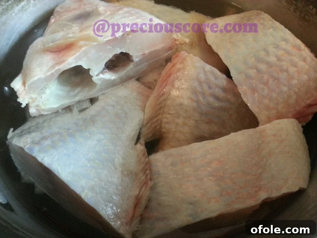 Freshly cleaned fish seasoned with salt and Maggi cubes in a pot with water