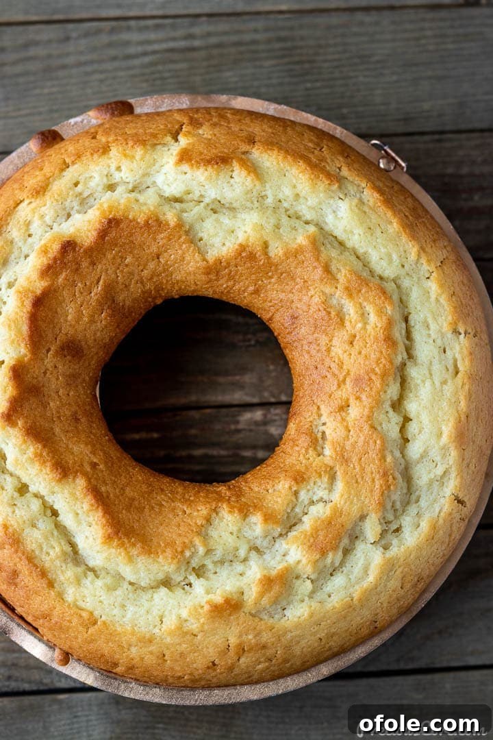 Yogurt cake in a bundt baking pan, freshly baked and golden brown.