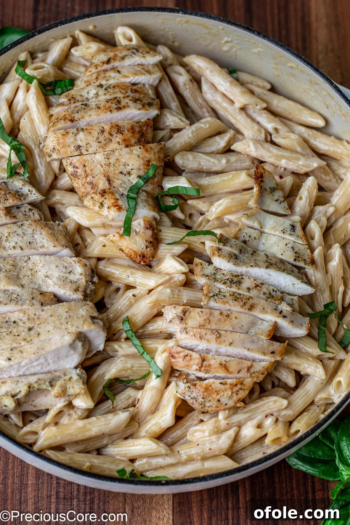 Parmesan Chicken Pasta with Garlic Cream Sauce 2 Creamy garlic parmesan pasta topped with chicken, ready to be served.