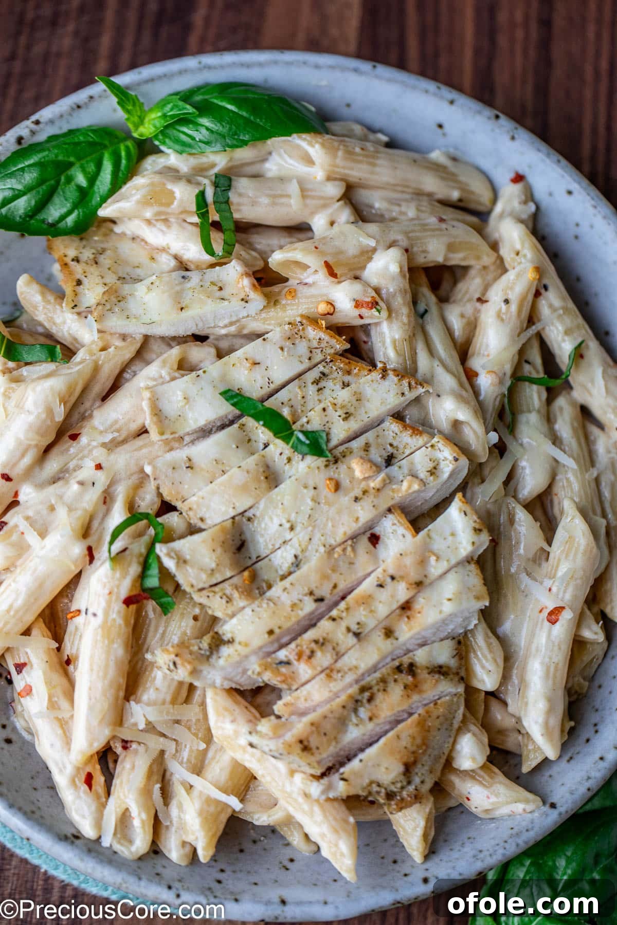 Parmesan Chicken Pasta with Garlic Cream Sauce 3 A close-up shot of a bowl of creamy pasta with expertly sliced chicken breast on top.