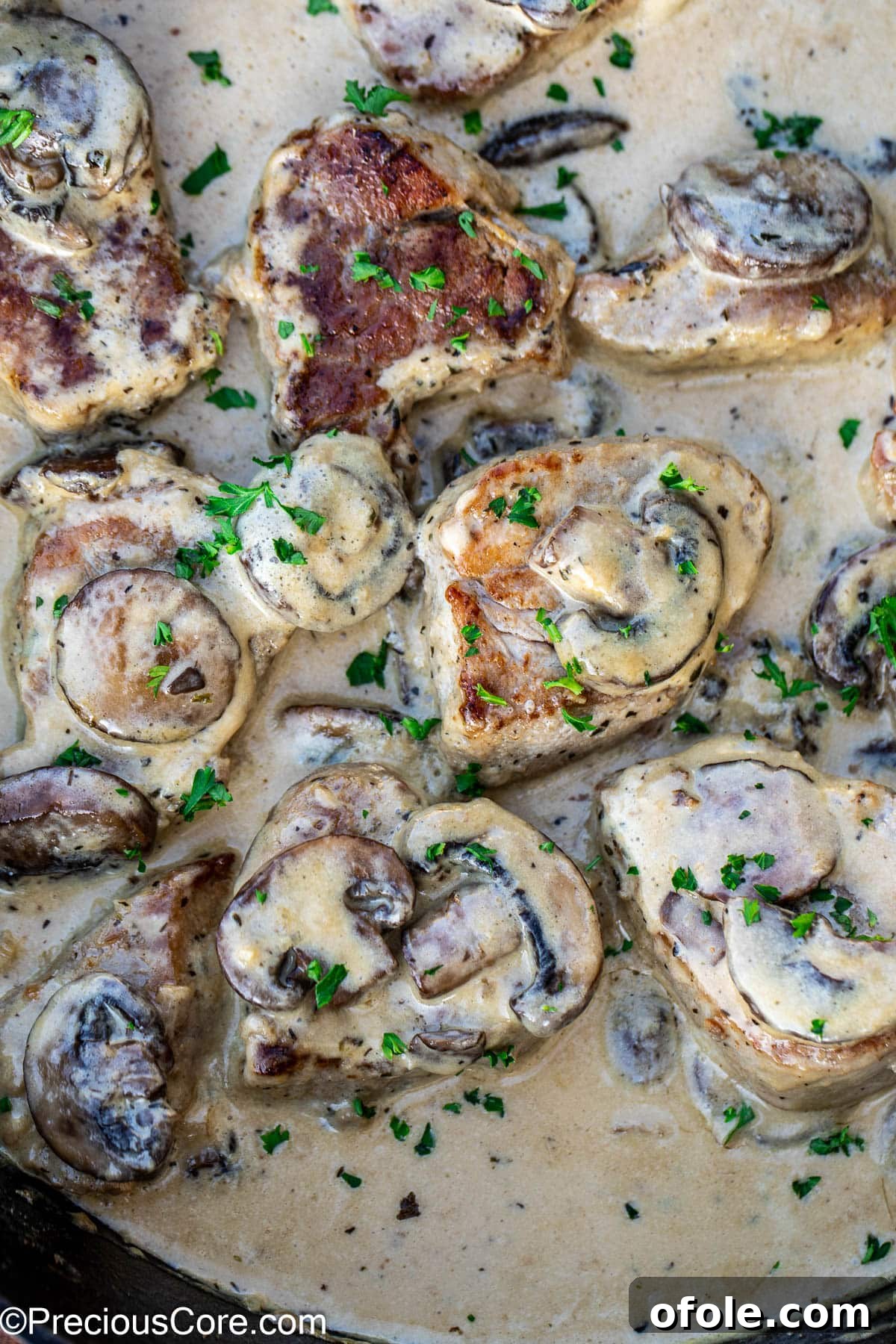 Pan-Seared Pork Tenderloin with Velvety Mushroom Sauce 11 Pork medallions topped with mushrooms in a savory creamy sauce.