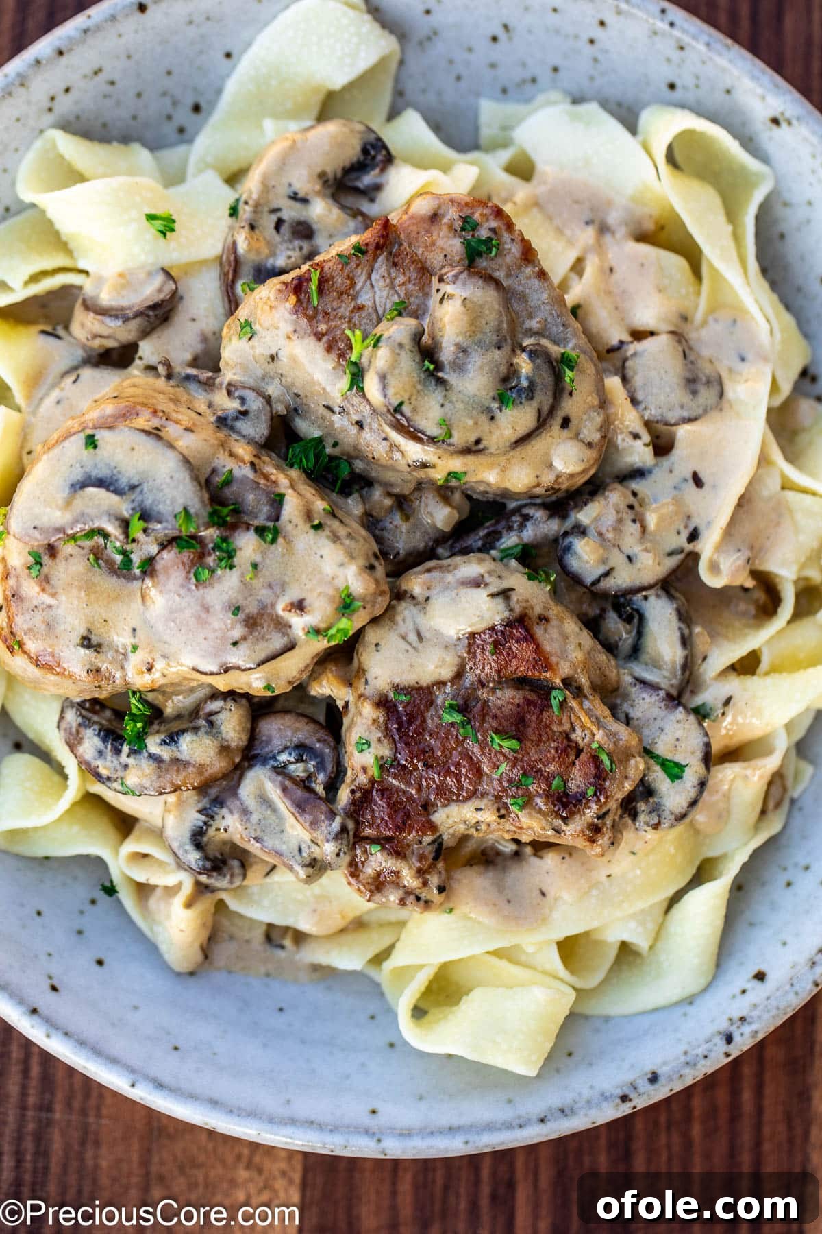 Pan-Seared Pork Tenderloin with Velvety Mushroom Sauce 3 Pork tenderloin in creamy mushroom sauce and pasta in a bowl.