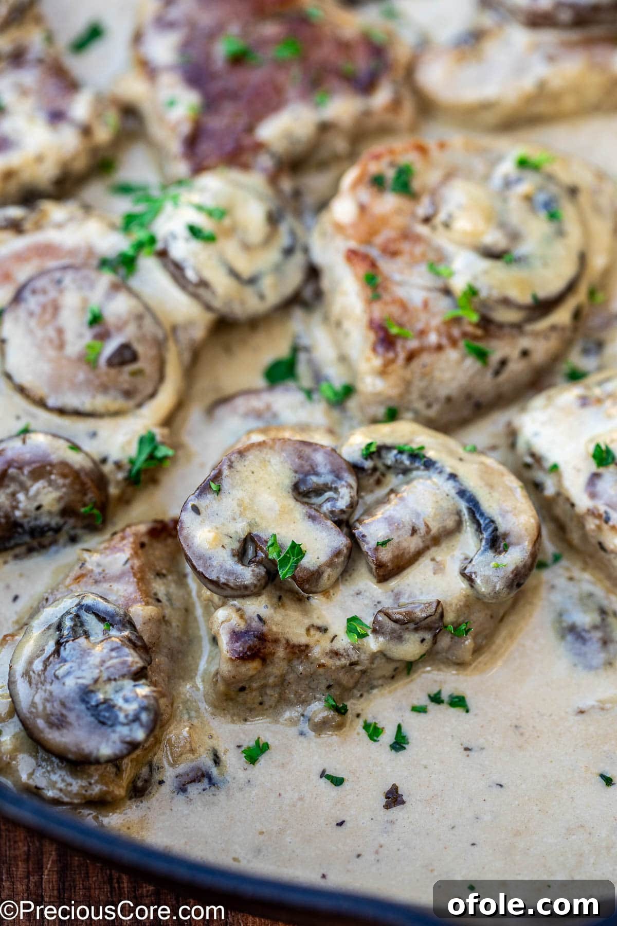 Pan-Seared Pork Tenderloin with Velvety Mushroom Sauce 4 Close up of creamy pork tenderloin.