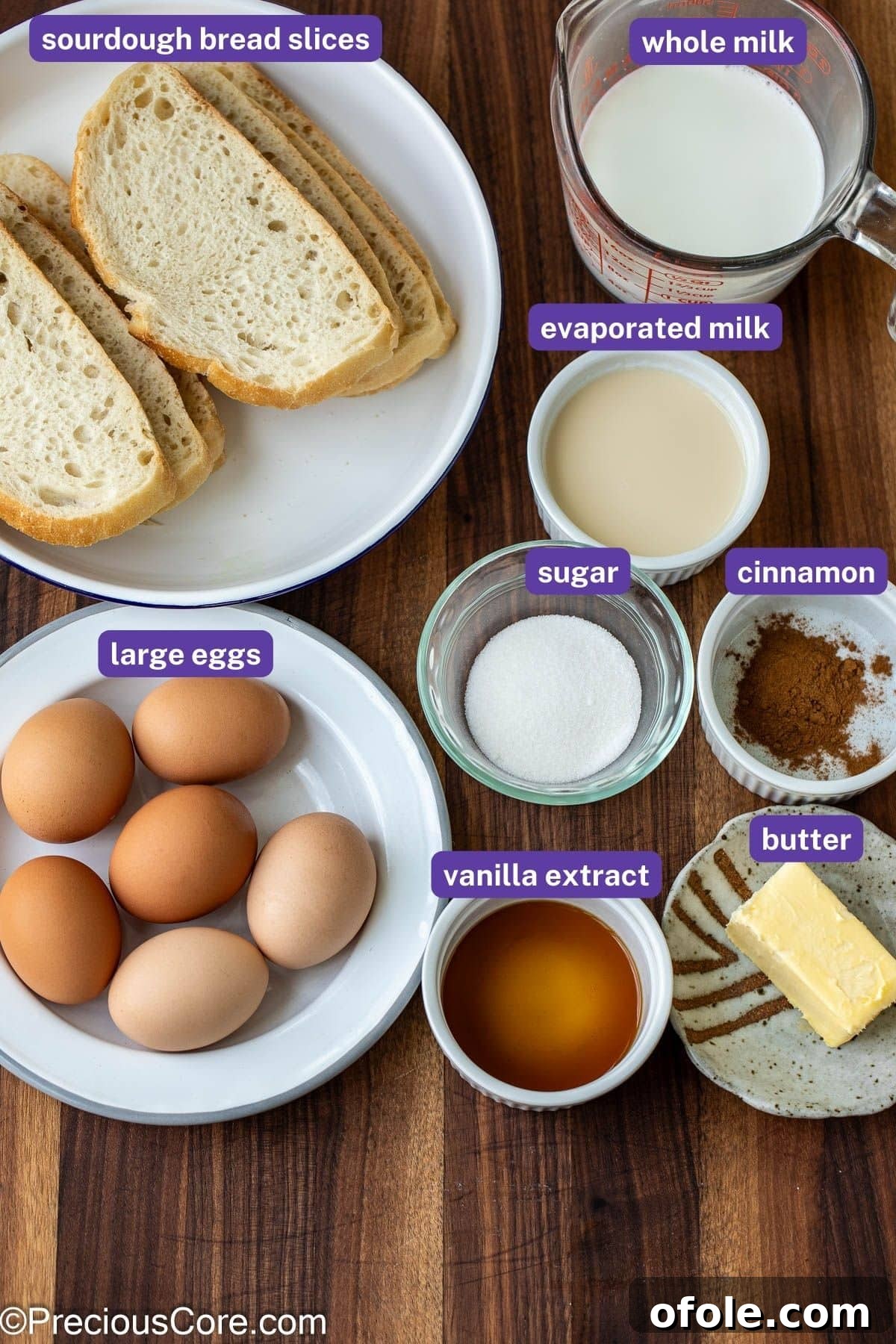 Elevated Sourdough French Toast 5 All measured out ingredients for Sourdough French Toast, neatly arranged for preparation.