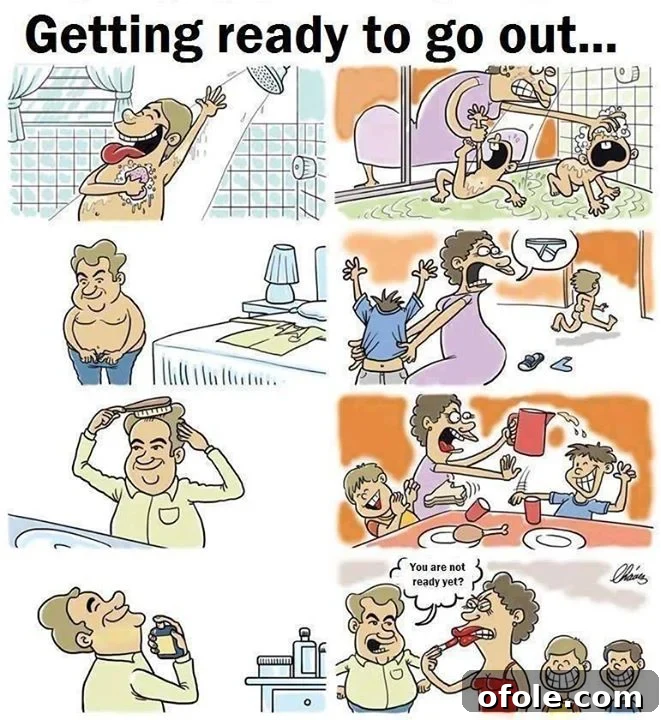 Man impatiently waiting for his wife and children to get ready for an outing